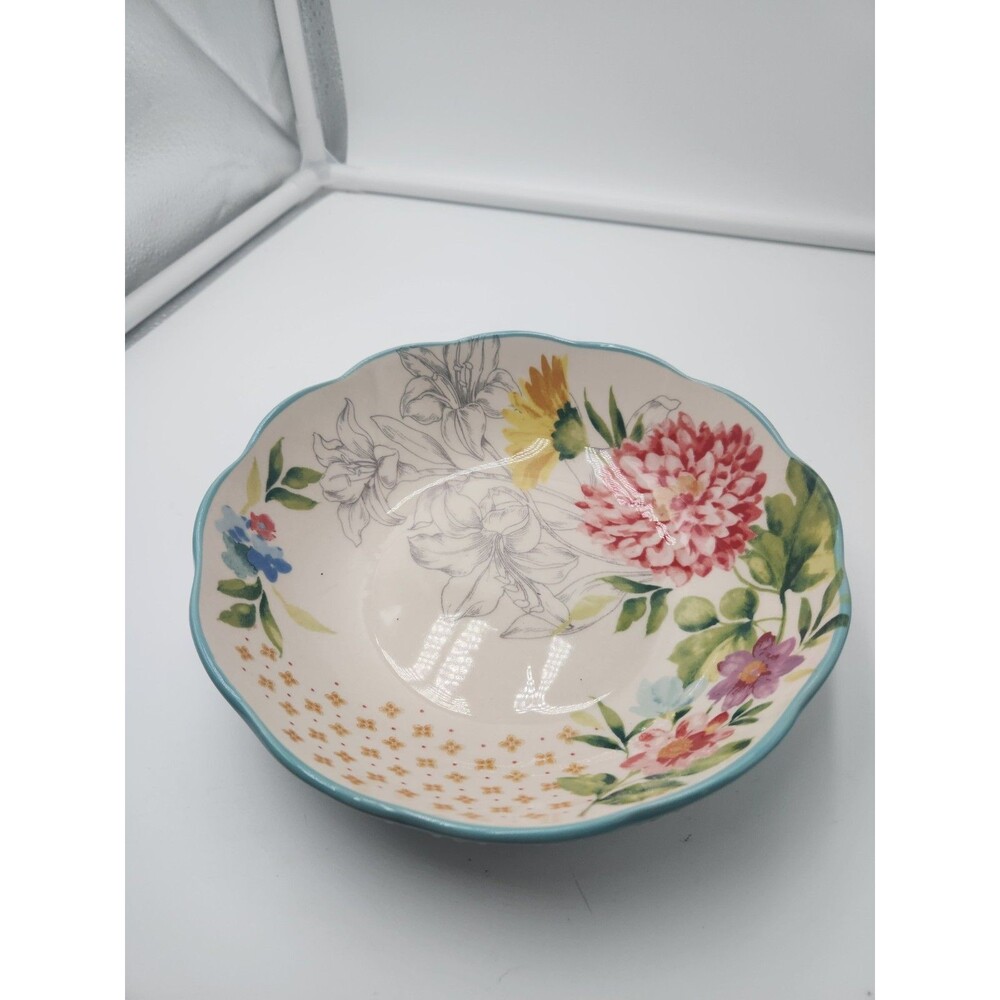 Pioneer Woman Pasta Bowl 7.5โ Wide Blooming Bouquet Teal Brand New